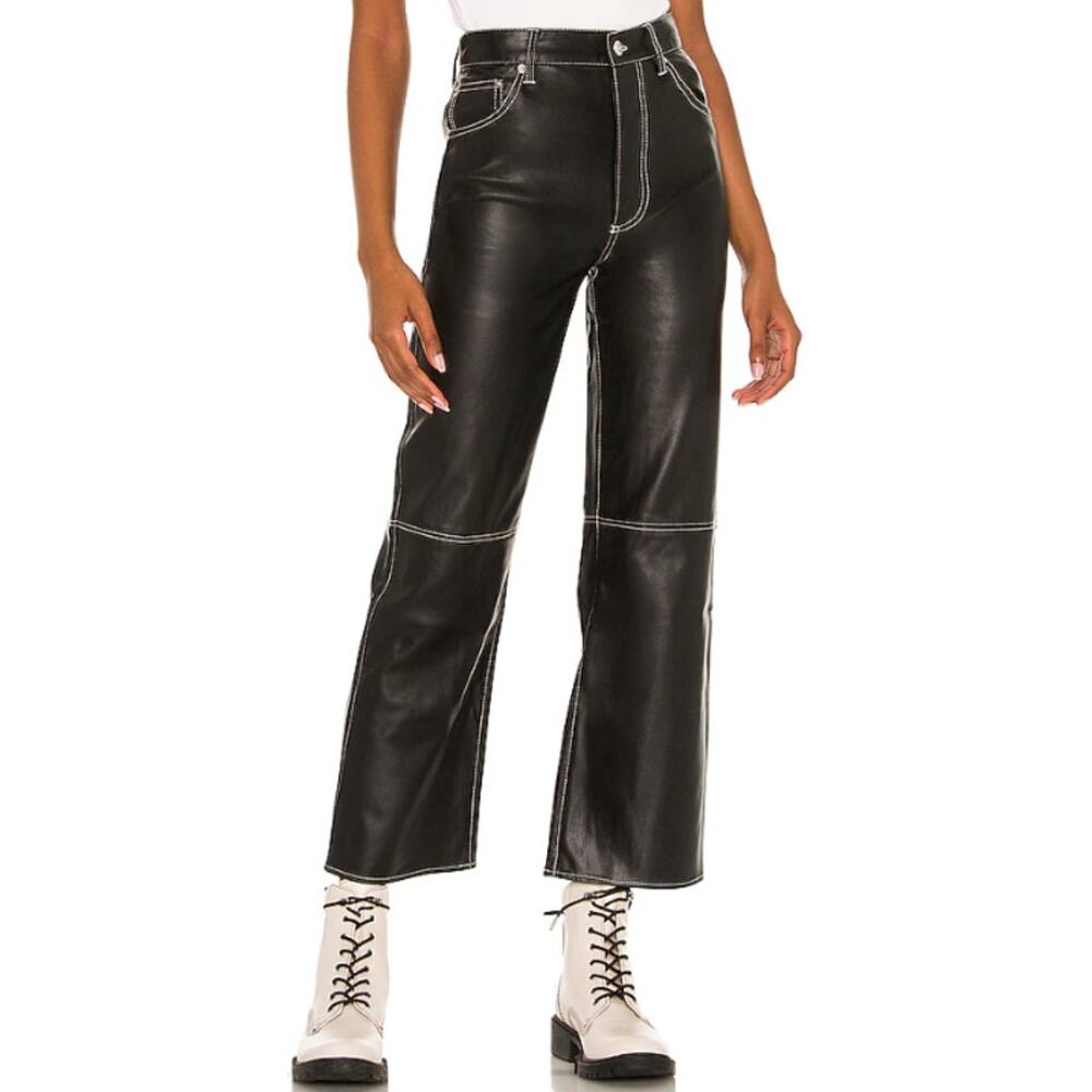 Free People The It Factor Faux Leather Pants Straight Wide Leg Contrast Stitch